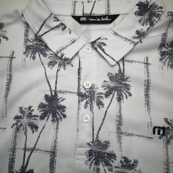 Travis Mathews Men's Size XXL White w/ Grey Palm Trees Straight Fit Polo - Picture 5 of 11